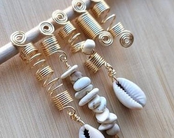5 Piece Cowrie Shell Loc Jewelry Set, Dreadlock Hair Accessories For Braids Dreads, White Turquoise Crystal Hair Beads