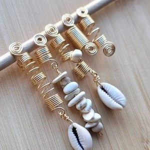 5 Piece Cowrie Shell Loc Jewelry Set, Dreadlock Hair Accessories, Copper Beads For Braids Dreads, White Turquoise Crystal Hair Beads