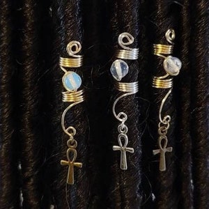 Ankh Loc Jewelry. Dreadlock Hair Accessories, Beads For Braids, Opalite Crystal Loc Jewelry