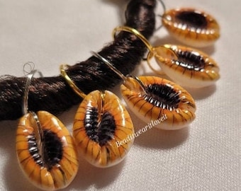 CLEARANCE 5pcs Oshun Hair Rings, Sunflower Printed Natural Cowrie Shell Hair Rings, Braid Rings, Loc jewelry, Dreadlock Rings, Orisha