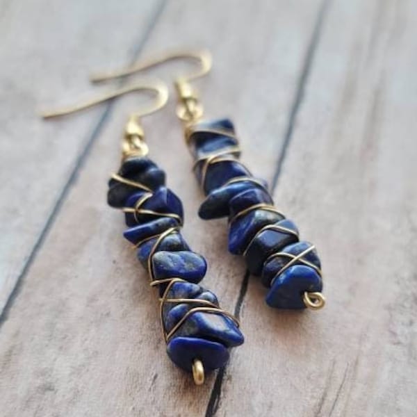 Lapis Lazuli Wire Wrapped Earrings Gemstone, Crystal Chip Earrings, Raw Natural Stone Earrings Dangle, African Earrings