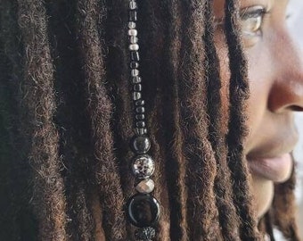 Silver Obsidian Beaded Dreadlock Extensions, Crystal Loc Jewelry, Dreadlock Hair Accessories, Gemstone Loc Extensions, Braid Jewelry