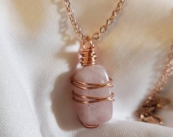 Rose Quartz Pendant Necklace, Crystal Necklace, Wire Wrapped Crystal Pendant Necklace, Healing Crystal, Chakra Crystals