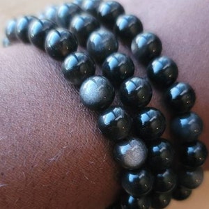 8mm Sheen Obsidian Crystal Beaded Bracelet, Stretchy Handmade Energy Balancing Gemstone Bracelet, Genuine Natural Stone Jewelry