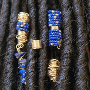 Lapis Lazuli Kristall Schmuck Set. Dreadlock Haarschmuck, Metallperlen für Zöpfe, Dread loc Perlen