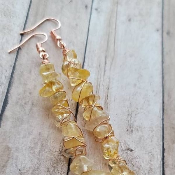 Citrine Crystal Chip Earrings, Copper Wire Wrapped Jewelry, Raw Citrine Chakra Healing Spiritual Earrings