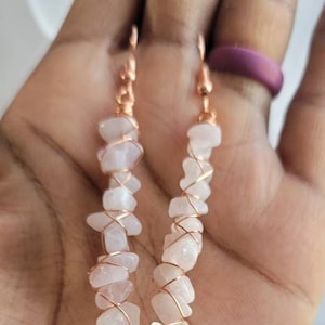 Rose Quartz Crystal Chip Earrings, Copper Wire Wrapped Jewelry, Tigers Eye Chakra Healing Spiritual Earrings