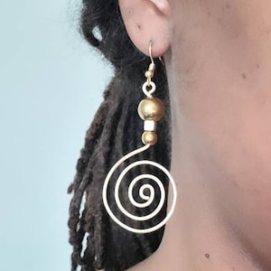 Gold Hematite Crystal Spiral Copper Earrings, Afrocentric Wire Wrapped Earrings, Gemstone Copper Jewelry
