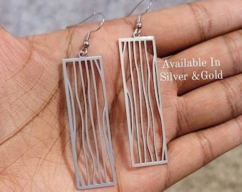 Geometric Rectangle Stainless Steel Earrings, Silver And Gold Steel Earrings, Dangle Ethnic Earrings, Afrocentric Jewelry