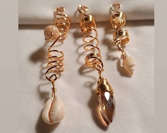 3 Pcs Mother Of Pearl Crystal Loc Jewelry Set. Shell Dreadlock Beads, Cowrie Shell Beads For Braids, Loc Jewelry, Ethnic Hair Accessories