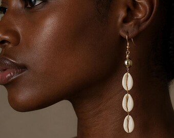 Cowrie Shell And Hematite Crystal Earrings, African Statement Earrings, Long Ethnic Bohemian Earrings, Jewelry Gift For Her