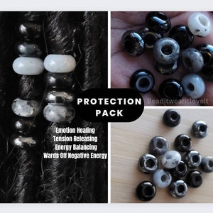 10 Protection Pack Crystal Loc Beads, Hematite Moonstone Onyx Obsidian Labradorite Dreadlock Hair Accessories, Beads For Braids, Loc Jewelry