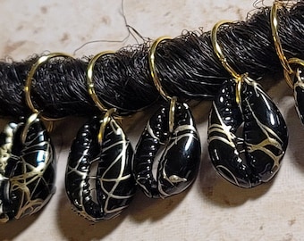 CLEARANCE 5pcs Black And Gold Printed Natural Cowrie Shell Hair Rings, Dread Beads, Braid Rings, Loc jewelry, Dreadlock Rings