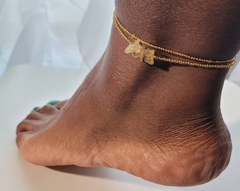 Elastic Gold Beaded Anklet Set, Citrine Crystal Ankle Bracelet, 2 Ankle Bracelets, Anklets for Women, Beaded Anklets, African Jewelry