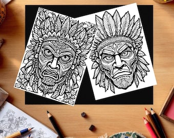 40 páginas para colorear de máscaras tribales masculinas y femeninas, página para colorear de mandalas tribales, páginas para colorear afroamericanas, páginas para colorear para adultos