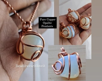 2.4mm Pure Copper Ball Chain Opalite Crystal Pendant Necklaces 24 Inches, Thick 14 Gauge Copper Wire Wrapped Jewelry