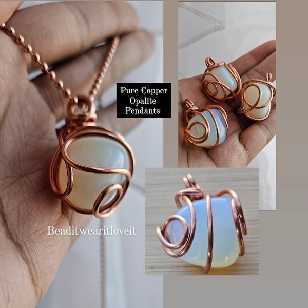 2.4mm Pure Copper Ball Chain Opalite Crystal Pendant Necklaces 24 Inches, Thick 14 Gauge Copper Wire Wrapped Jewelry