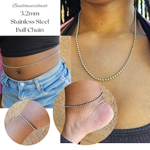 3.2mm Stainless Steel Ball Chain, Stainless Steel Necklace, Silver Belly Chain, Solid Steel Bead Bracelet, Dog Tag Anklet, Multiple Lengths