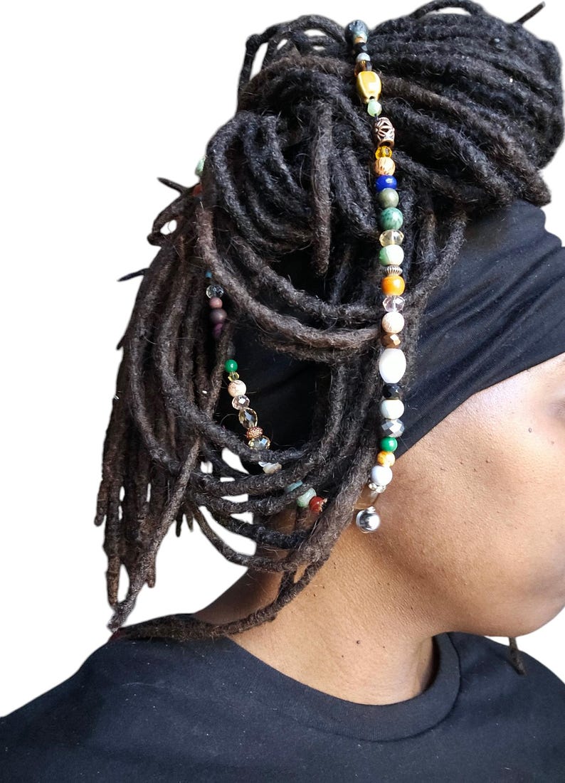 String Dreadlocks Earthy Girl Mix Beaded Crystal Loc Hair Ring Chain, Bohemian Dreadlock ...