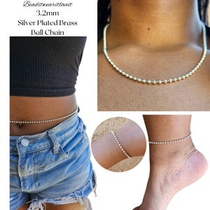 3.2mm Silver Plated Brass Ball Chain, Shinny Bright Silver Necklace, Silver Belly Chain, Link Bracelet, Dog Tag Anklet, Multiple Lengths