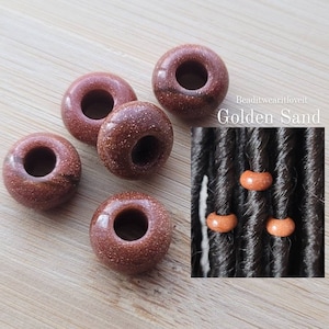 5 Golden Sand Hair Beads 6mm Big Large Hole, Dreadlock Accessories, Gemstone Beads Loc Jewelry, Dread Beads