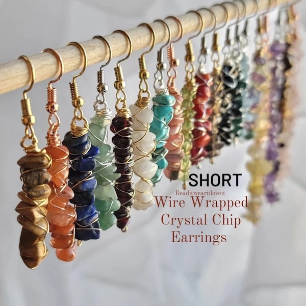 SHORT Style Wire Wrapped Earrings Gemstone, Crystal Chip Earrings, Raw Natural Stone Earrings Dangle, Chakra Healing Jewelry