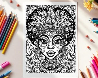 40 páginas para colorear de máscaras tribales masculinas y femeninas, página para colorear de mandalas tribales, páginas para colorear afroamericanas, páginas para colorear para adultos