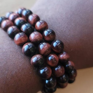 8mm Red Tigers Eye Crystal Beaded Bracelet, Stretchy Handmade Energy Balancing Gemstone Bracelet, Genuine Natural Stone Jewelry