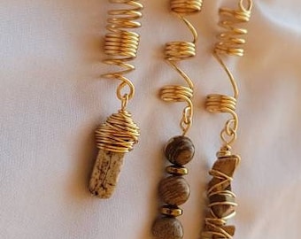 3 Stück Bild Jaspis Kristall Schmuck Set, Dreadlock Perlen Für Zöpfe, Boho Ethnic Haarschmuck