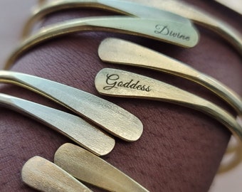 1 Divine Goddess Engraved African Brass Bangles, Adjustable Stackable Bracelets, Gold Silver Rose Gold Raw Brass Cuff Bracelets