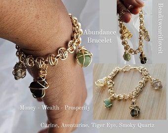 Abundance Bracelet, Tiger Eye, Aventurine, Citrine, Smoky Quartz Copper Wire Wrapped Chain Bracelet, Chainmaille Bracelet