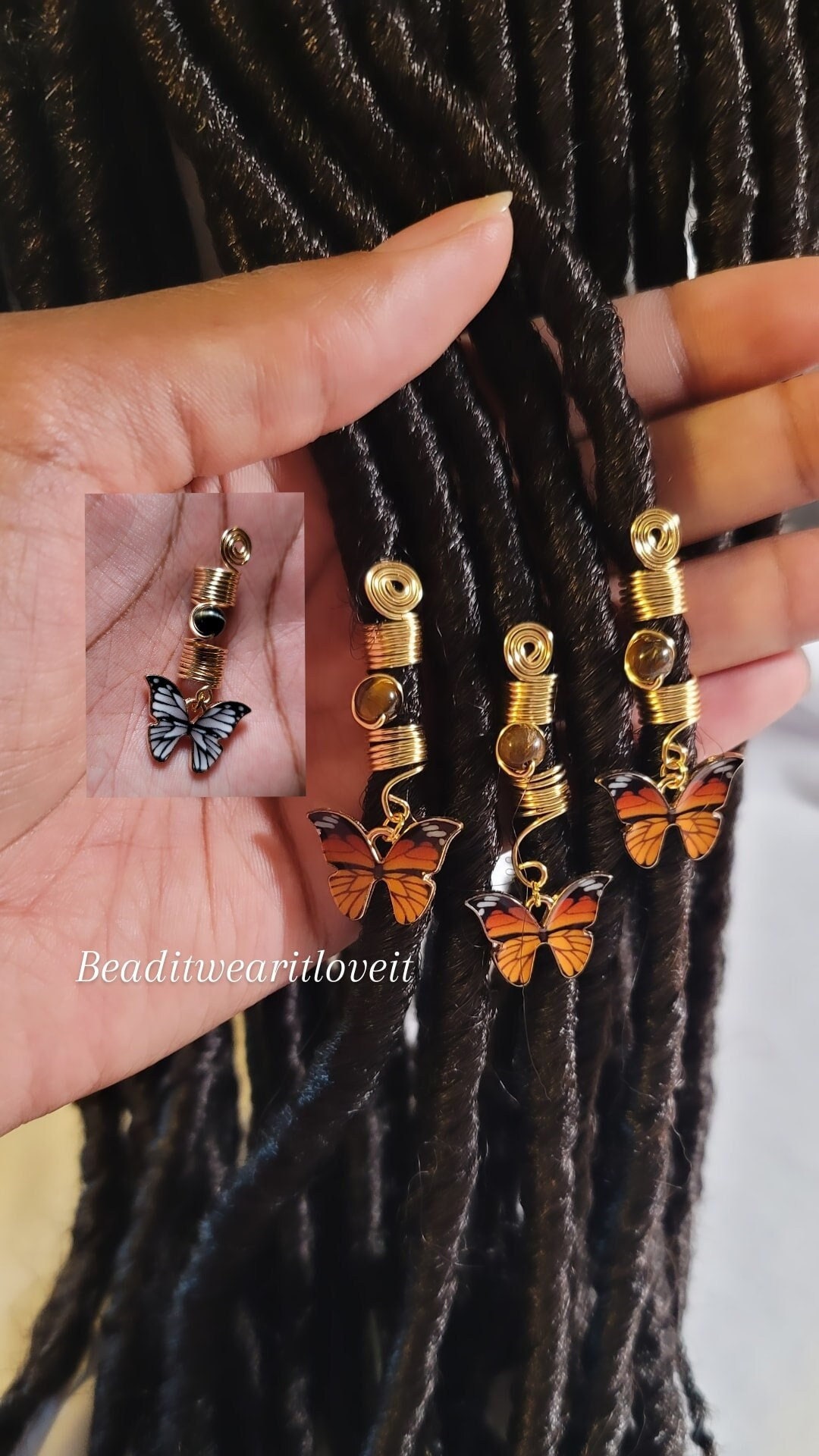 Crystal Butterfly Loc Jewelry, Gold Butterfly Copper Hair Beads