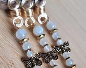 White Moonstone And Hematite Crystal Loc Jewelry, Dreadlock Hair Accessories, Hair Beads For Braids, Gemstone Loc Beads