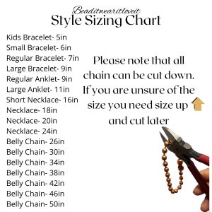 copper ball chain jewelry displayed as a bracelet, anklet, belly chain and necklace