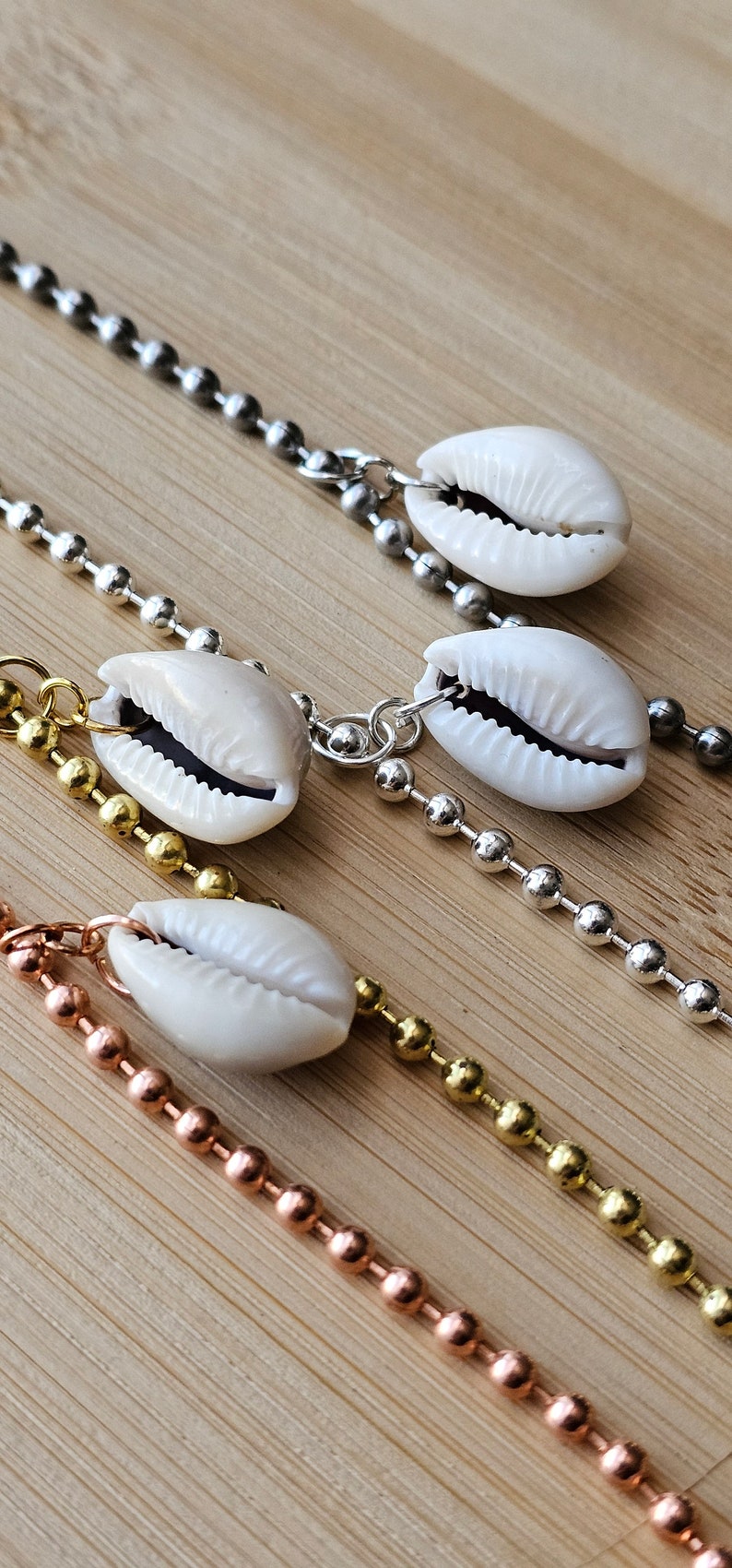 Shell And Chain 3.2mm Ball Chain Cowrie Shell Charmed Anklets, Copper, Brass, Stainless ...