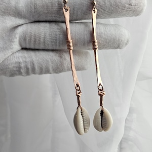 Copper Cowrie Shell Wire Wrapped Drop Earrings, Long Metal Earrings, Copper Jewelry