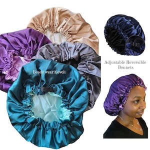 CLEARANCE Adjustable Strap Double Layered Silky Satin Bonnet, Reversible Satin Bonnet, Sleep Cap locs Dreadlocks Braids Curly Natural Hair
