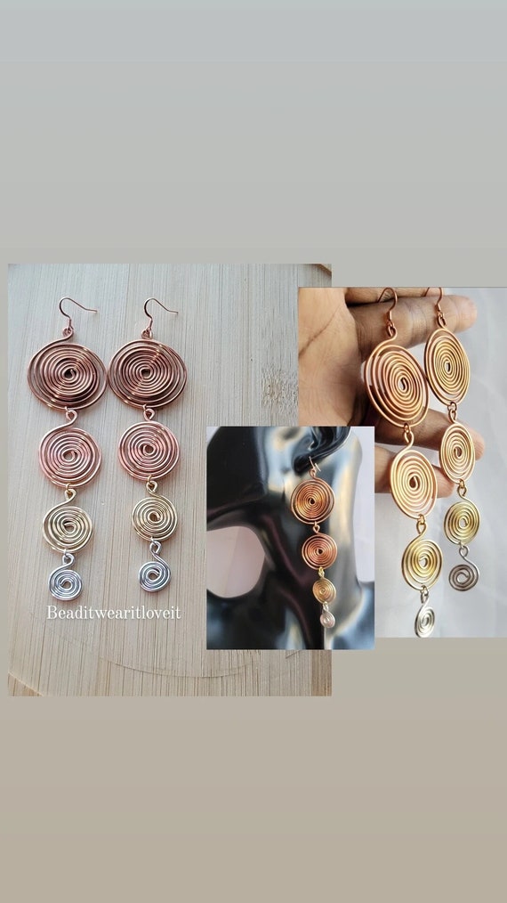 Multi Color Spiral Copper Earrings, Wire Wrapped Earrings, Copper Jewelry
