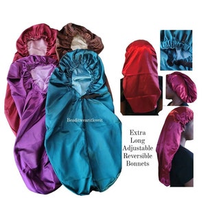 Extra Long Adjustable Double Layer Adult Satin Bonnet, Reversible Satin Sleep Cap for Locs Dreadlocks Curly Hair and Natural Hair