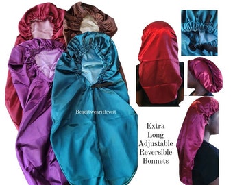 Gorro de satén extra largo ajustable de doble capa para adultos, gorro de dormir reversible de satén para rastas, cabello rizado y cabello natural.