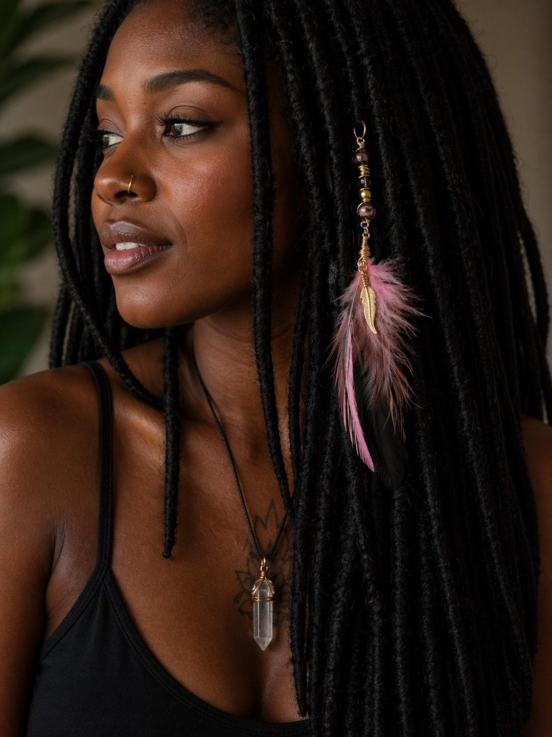 Delicate Feather Hair Ring Pink, Rhodonite, Smoky Quartz, Hematite ...