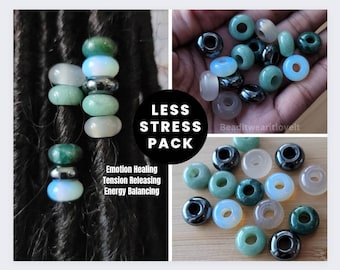 10 Piece Less Stress Pack Crystal Loc Beads, Aventurine Hematite Opalite Indian And Gray Agate Dreadlock Hair Beads For Braids, Loc Jewelry