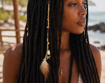 Golden Aura Boho Feder Kristall Lok Wraps, handgemachte Haar Wrap Verlängerungen, Lok Schmuck, Dreadlock Haarschmuck, Lokverlängerungen