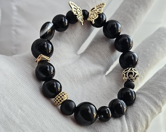 Braccialetti unici con perline di cristallo di onice nero misto, bracciale elastico fatto a mano con pietre preziose per il bilanciamento energetico, gioielli in pietra naturale autentica