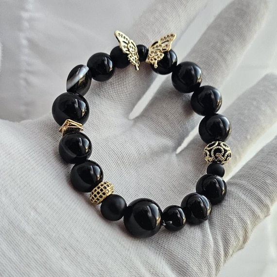Handmade Genuine Black Onyx Natural Stone Bracelet 6mm Black Onyx Bracelet With Clasp, Natural Crystal Bracelet  main image 4