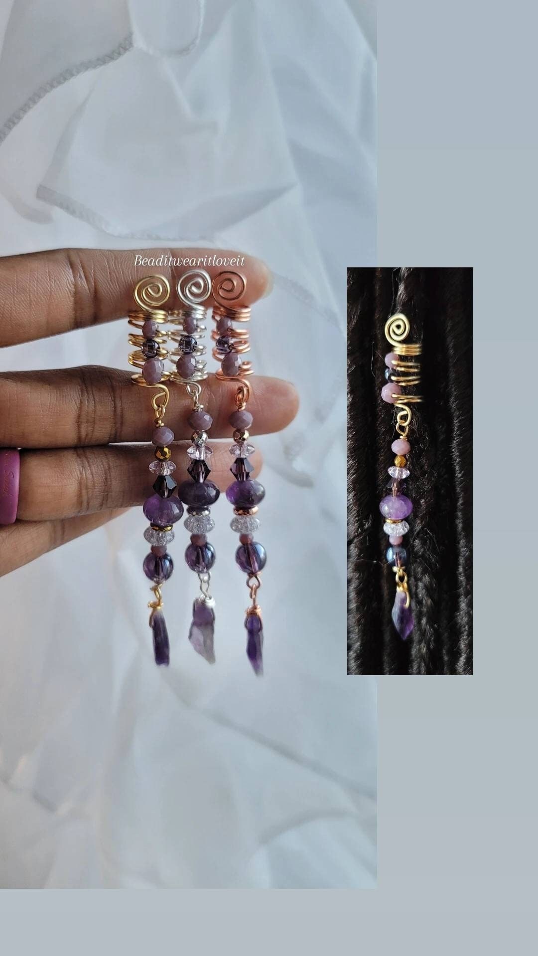 Raw Amethyst Crystal Loc Jewelry. Dreadlock Hair Accessories, Beads for