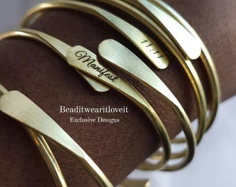 One 11:11 Manifest Engraved African Brass Bangles, Adjustable Stackable Bracelets, Gold Silver Rose Gold Raw Brass Cuff Bracelets