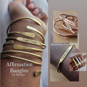 Affirmation Engraved African Brass Bangles, Spiritual Inspirational Quotes Stackable Bracelets, Gold Silver Rose Gold Brass Cuff Bracelets