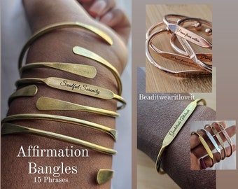 Affirmation Engraved African Brass Bangles, Spiritual Inspirational Quotes Stackable Bracelets, Gold Silver Rose Gold Brass Cuff Bracelets