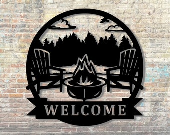 Camping, Welcome Sign, Campers, Lawn Chairs, Patio Decor, Yard Decor, Metal signs